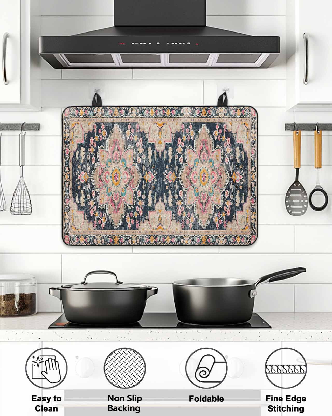 Stove Top Covers for Electric Stove, Vintage Boho Glass Stovetop Cover Protector, Middle Century Western Geometric Abstract Art Induction Cooktop Protector Oven Mat for Kitchen Countertop 24"x21"