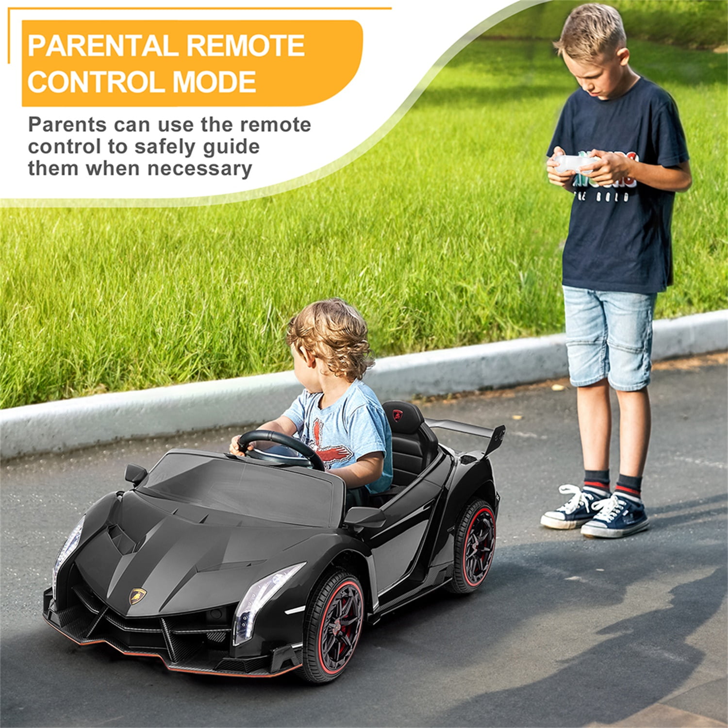 Kadyn Kids Electric Ride On, Lamborghini Poison Small Dual Drive 12V 4.5AH with 2.4G Remote Control Sports Car Electric Car, Black Kadyn Kids Electric Ride On, Lamborghini Poison Small Dual Drive 12V 4.5AH with 2.4G Remote Control Sports Car Electric Car, Black