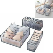 7 Grids Washable Wardrobe Clothes Organizer- Jeans Compartment Storage Box - Foldable Closet Drawer Organizer, Clothes Drawer Mesh Separation Box (Gray,1 Pack of 3:Bra+Panties+Sock)
