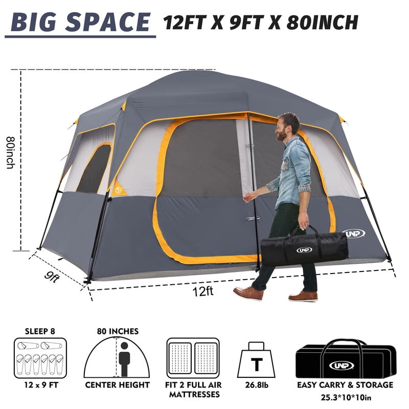 Camping Tent 8 Person, Waterproof Windproof Tent with Rainfly Easy Set up-Portable Dome Tents for Camping