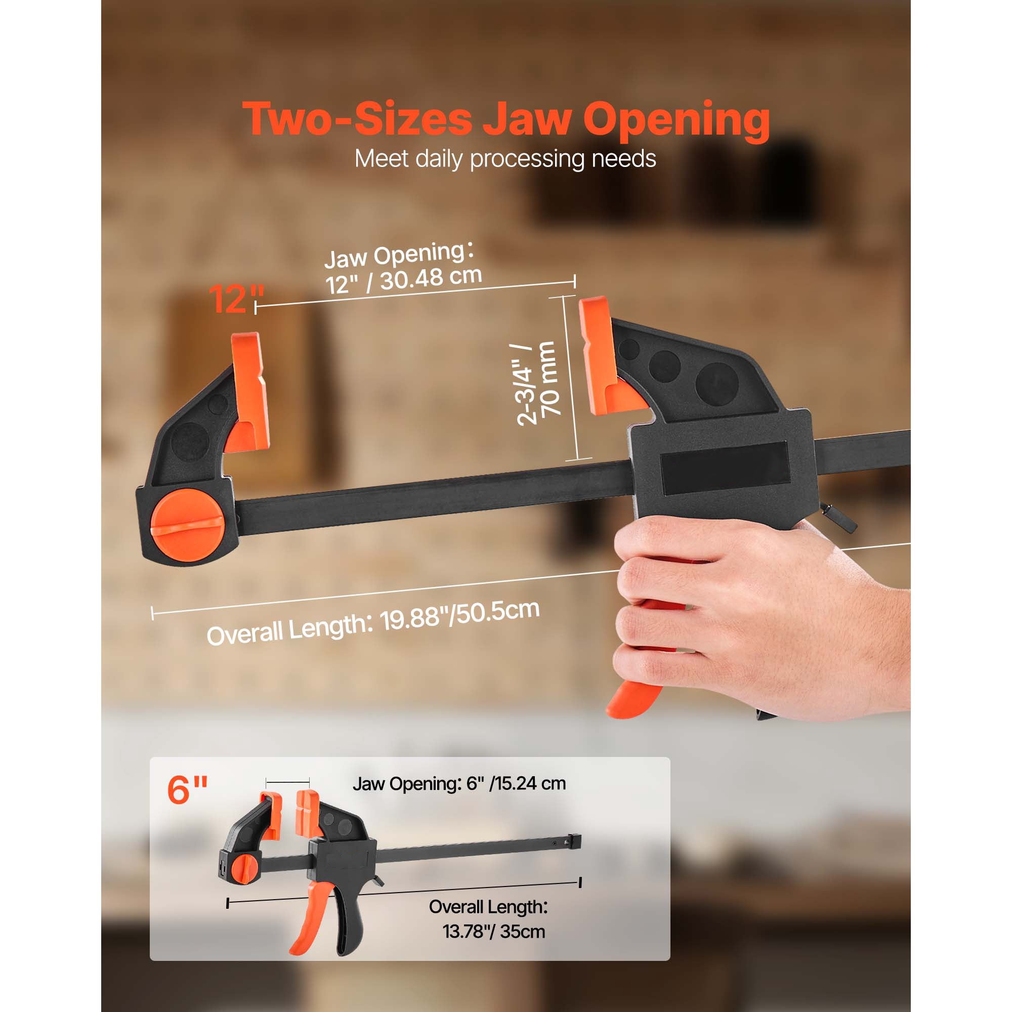KFFKFF Set of Bar Clamps for Woodworking, Includes 2 x 12-Inch and 2 x 6-Inch Clamps, One-Handed Operation with Quick-Grip Function, 154 lbs Load Capacity, Durable Plastic and Steel Construction