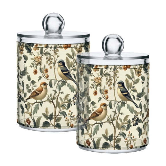 Yayeee 2 Pack Qtip Holder Bathroom Cotton Swab Canister with Lid Clear Dispenser Set, Green Birds