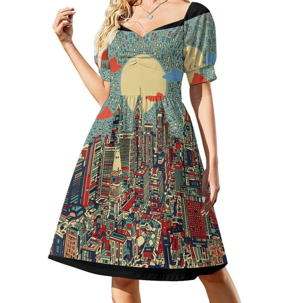 Philadelphia Panorama 3 Vestido de manga corta Vestido largo Ropa de verano Falda de mujer