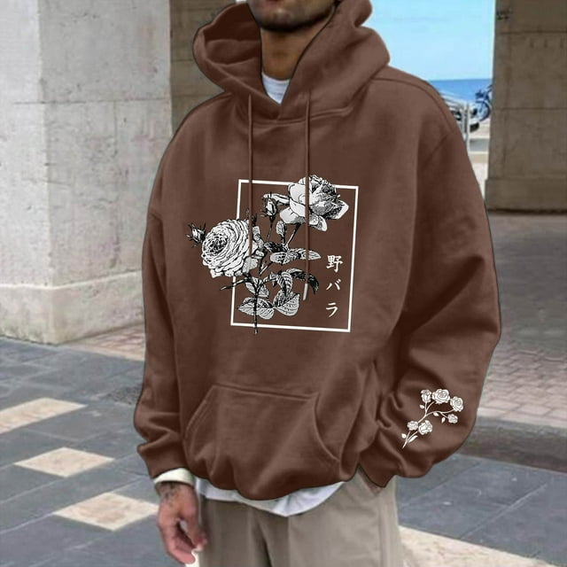 MHFRRA Sudadera con Capucha y Estampado Floral para Hombre, Informal, con Cordón y Manga Larga Café