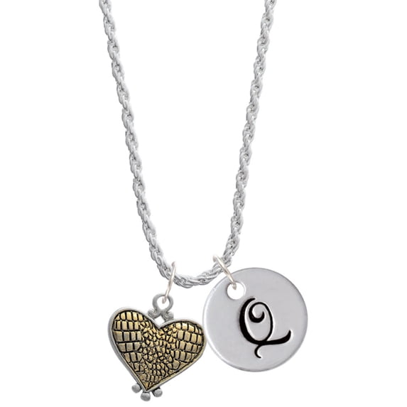 Delight Jewelry Two-tone Alligator Print Heart Silvertone Script Initial Disc - Q - Charm Necklace, 20"+3"