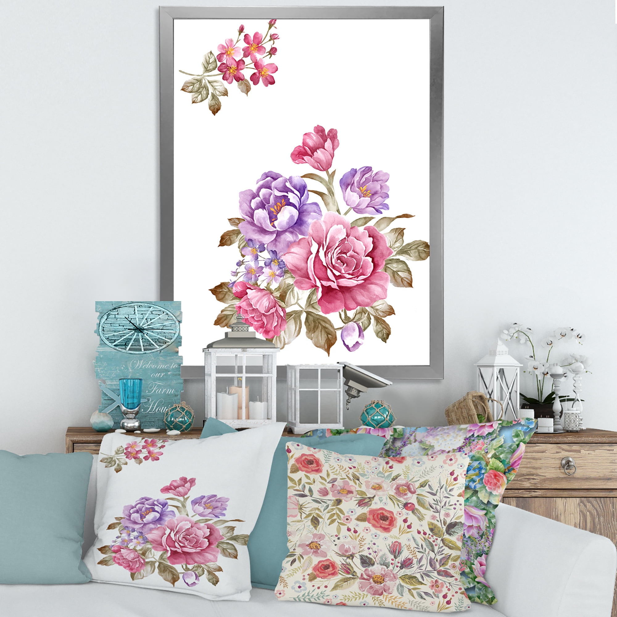 Designart 'Bouquet of Purple and Pink Flowers I' Farmhouse Framed Art Print