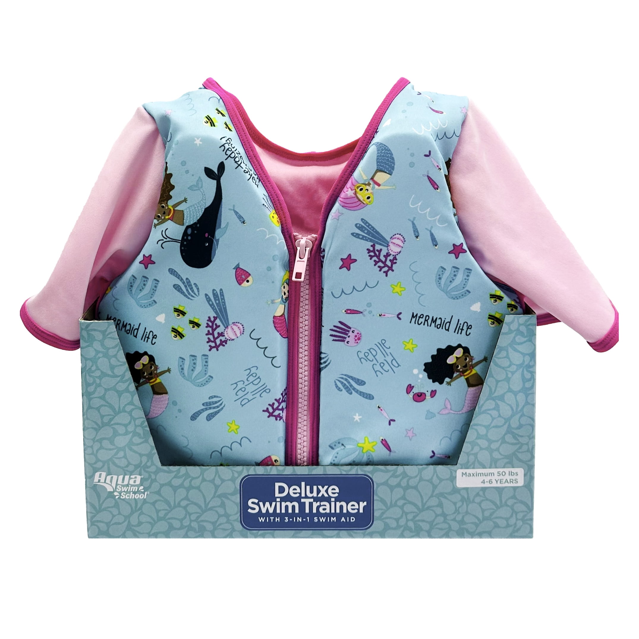 SwimSchool Pink Mermaid Swim Trainer Vest for Kids with Collar, Medium-Large, Ages 4-6 Years, Unisex