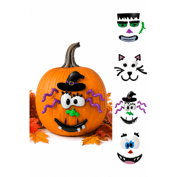 Seasonal Collection Pumpkin Decorating Kit, Spooky Faces, Reusable. Push Design. No Curving