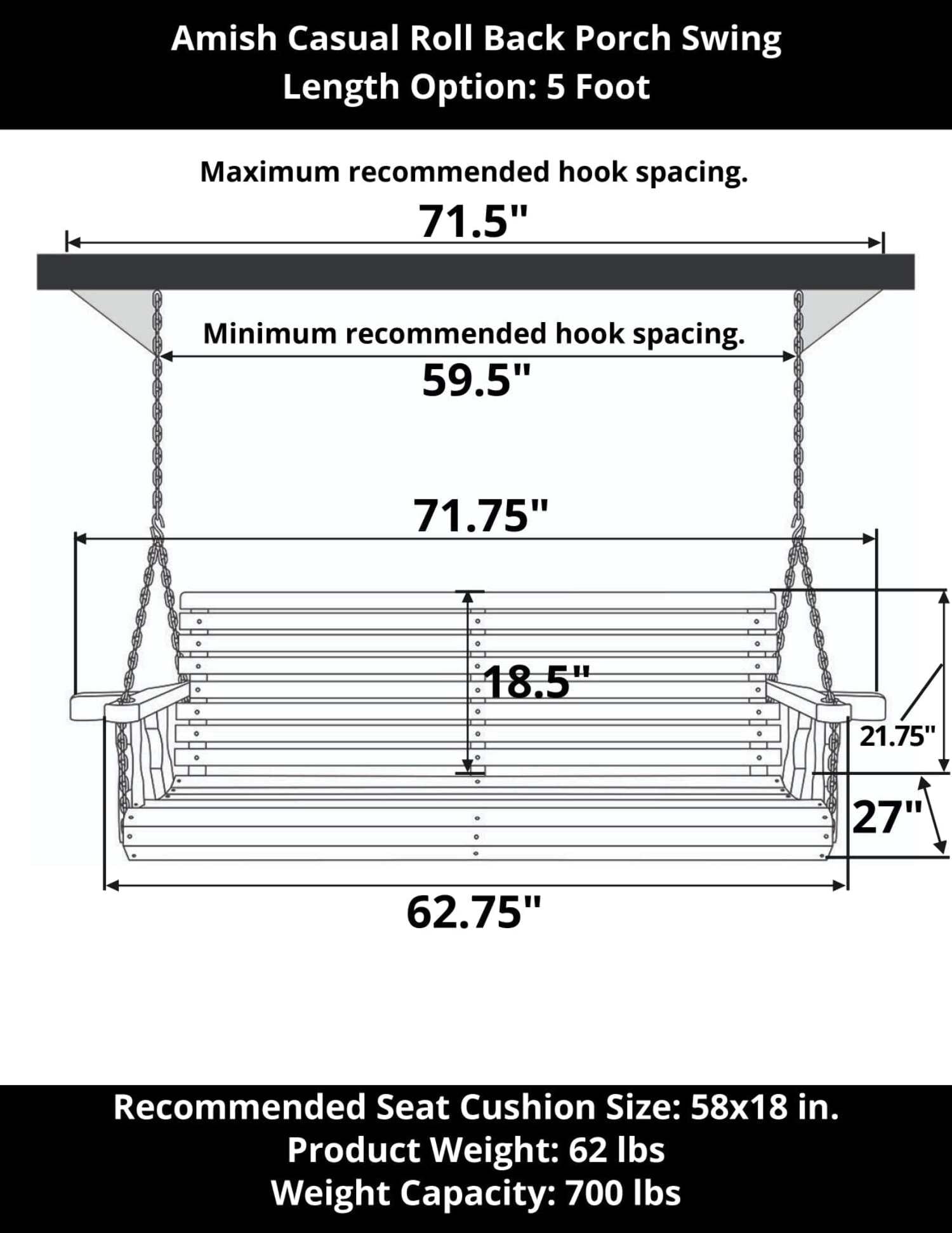 Amish Casual 5 Foot Roll Back Porch Swing with Cup Holders - Thumbnail 3