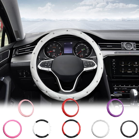 Leather Studded Car Steering Wheel Cover 14-15 Inch | Universal Fit 36-40cm | Non-Slip Silicone Grip, Thin Lightweight Design, All-Season Comfort, Easy Clean | Black, Red, White, Pink, Purple
