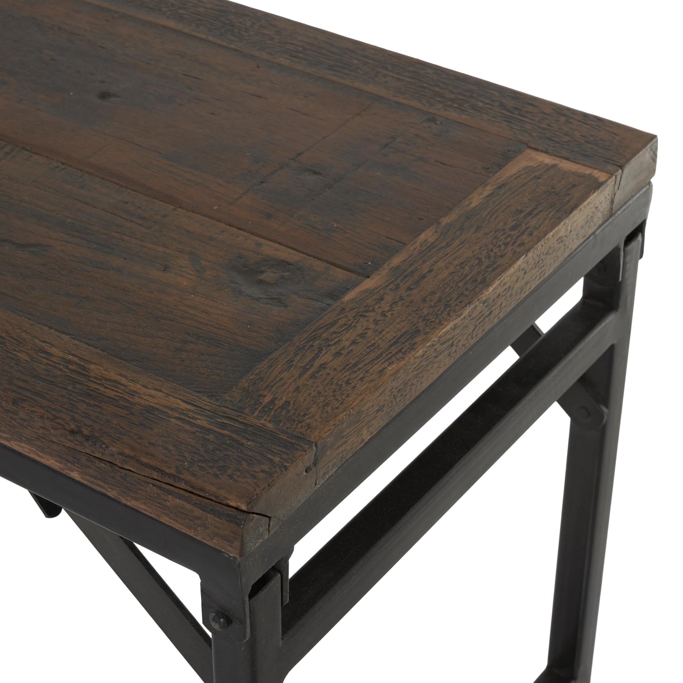DecMode Teak Wood Long Bench with Black Metal Legs, Dark Brown