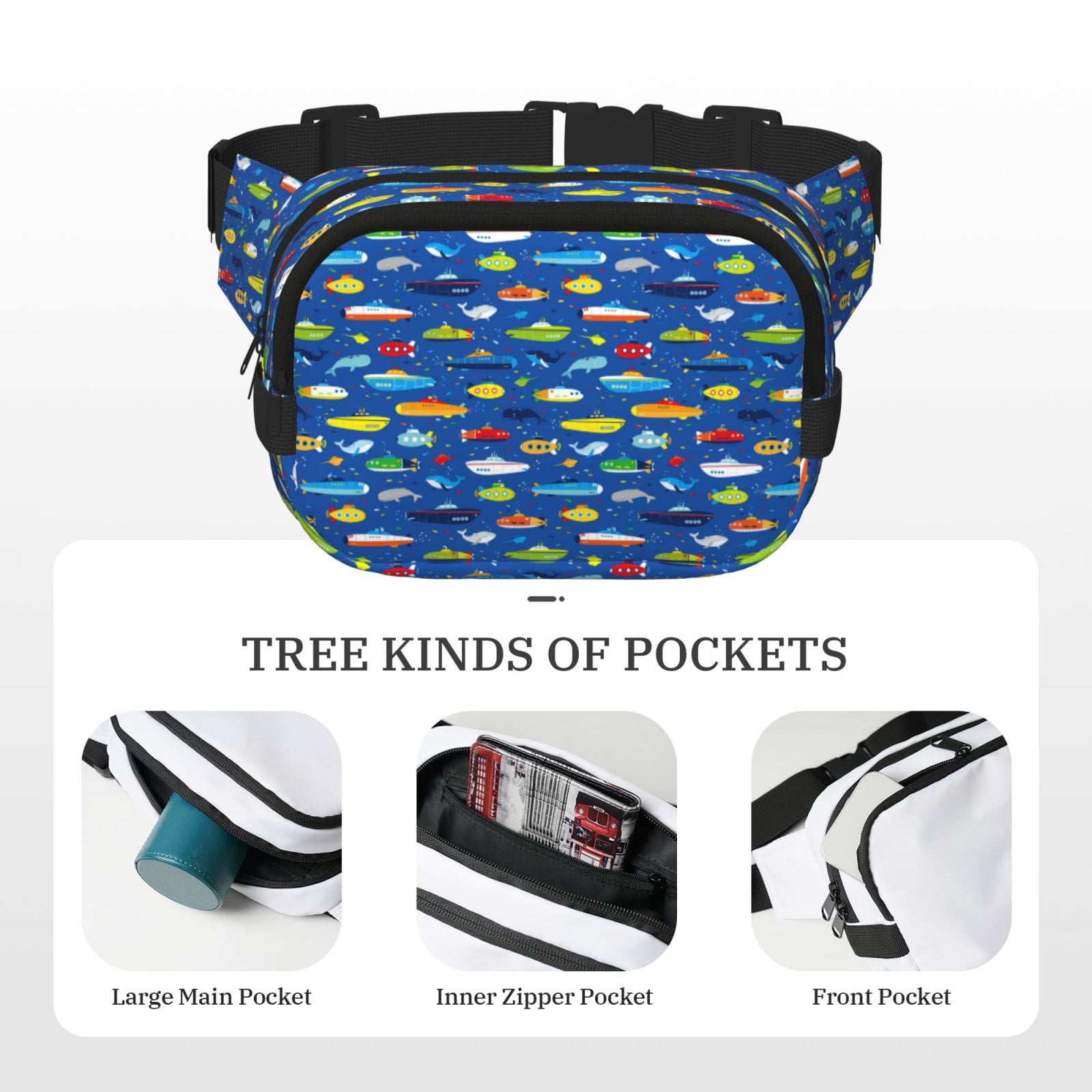 Picia Submarines And Whales Print Square Double-Layer Waist Bag Mini Adjustable Waist Belt Bag Exercise Running Travel Hiking