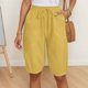 thumbnail image 2 of Pantalones capri casuales de mujer con cintura elástica lisa - Pantalones de poliéster de cintura alta con bolsillos grandes, S-XXL, 2 of 6