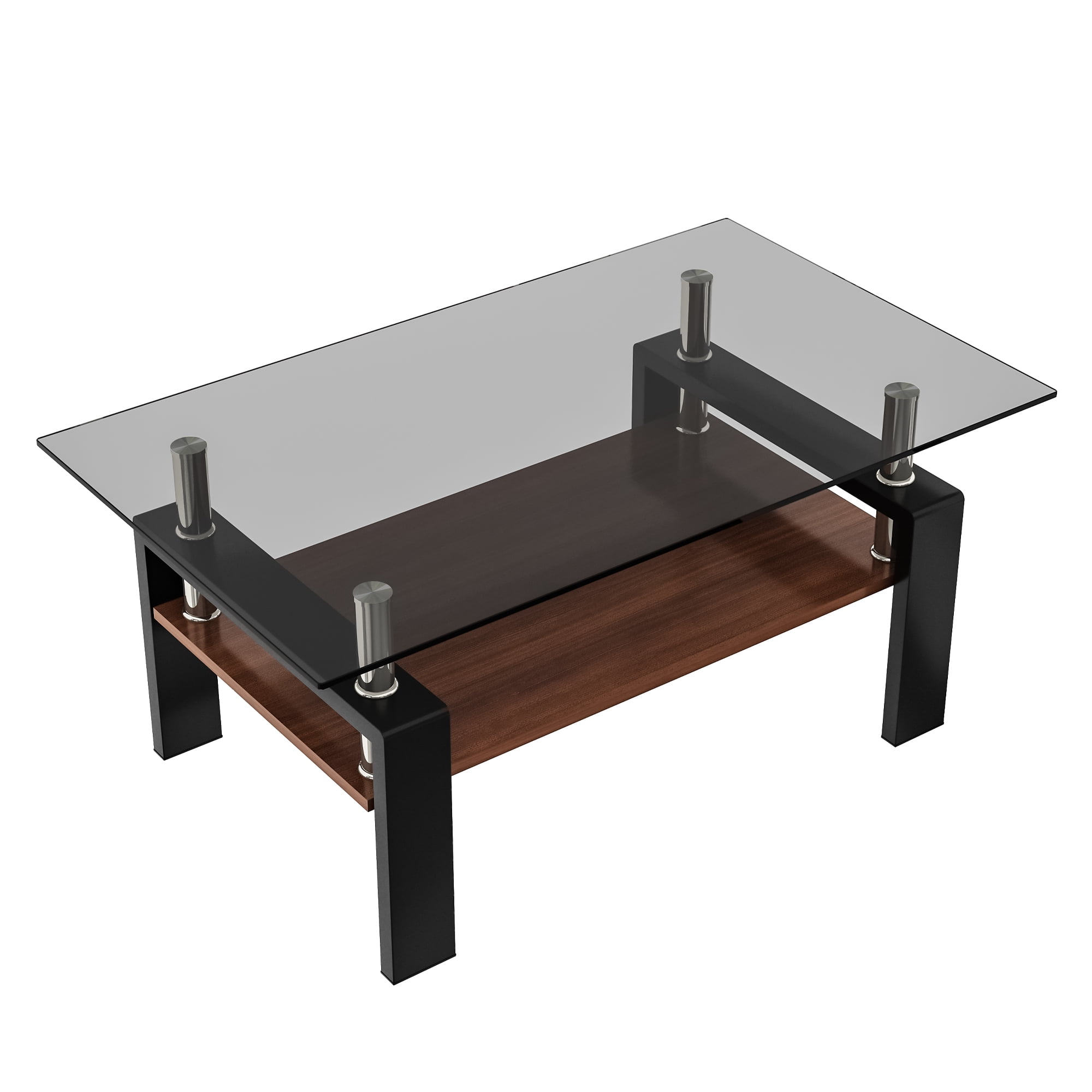 MAYEERTY Rectangle Coffee Table with Gray Tempered Glass & MDF Shelf