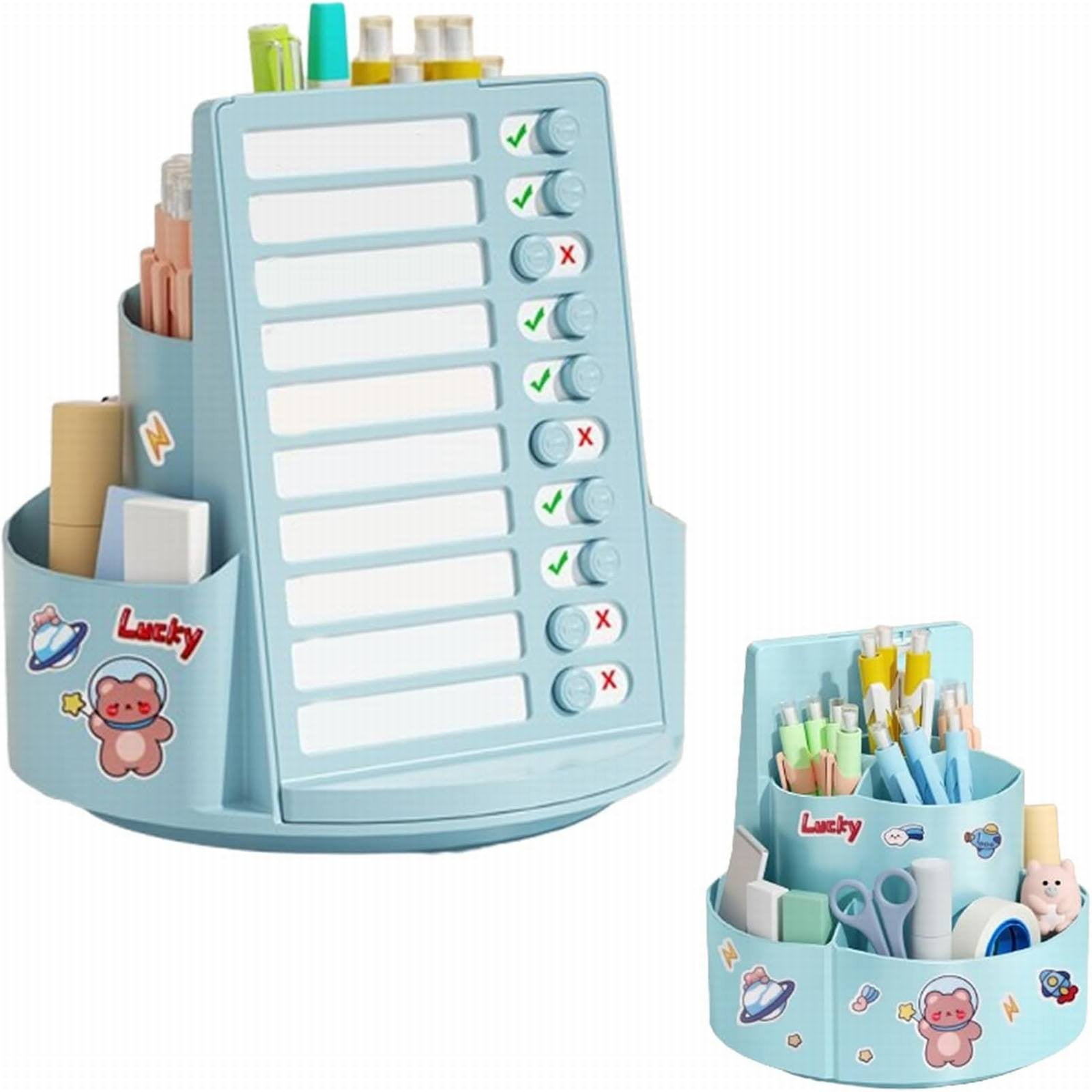 Rotating Desk Organizer with Multiple Compartments - White - Multifunctional 360° Rotating Pen Holder With Daily Schedule To Do List Checklist Board Rotating Pencil Cup With Stickers Cute Pencil Cup