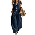 thumbnail image 3 of Cutuoiiu Women's Plus Size Wide Leg Pants, Solid Color V-Neck Short Sleeve Buttoned Jumpsuit with Pockets, Loose Cotton Pants for Women, Casual Fashion Jumpsuits for Women, 3 of 7