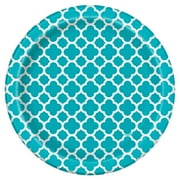 7" Teal Quatrefoil Paper Dessert Plates, 30ct