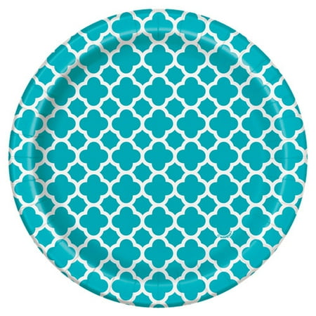 7" Teal Quatrefoil Paper Dessert Plates, 30ct
