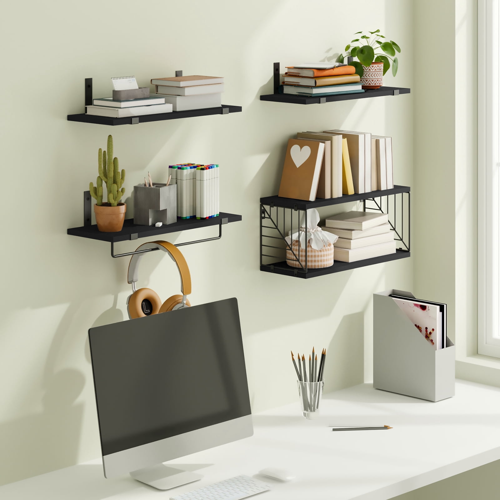 Fairy 4+1 Tier Bathroom Floating Shelves Over Toilet, 15.8in Wall Shelves for Bathroom, Living Room, Bedroom and Kitchen (Black)