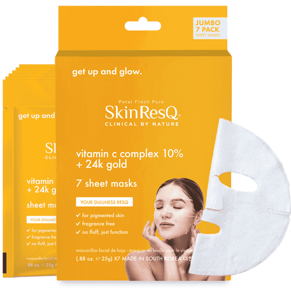 Skin ResQ by Petal Fresh Get Up and Glow Sheet Mask with Vitamin C Complex 10% + 24K Gold, Brightening Face Mask for Dull or Pigmented Skin, Fragrance Free, 7 Pack