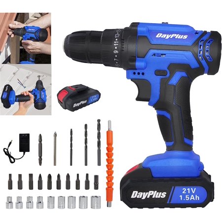 Cordless Drill, 21V Power Drill Set with 3/8"Keyless Chuck, Electric Drill with 1× 1.5Ah Battery and Charger, 25+1 Torque Setting, 26pcs Drill Bits, Built-in LED, Electric Driver for Drilling /Screws