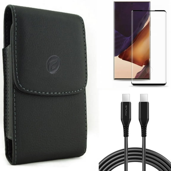 10ft Long USB-C Cable & Case Belt Clip & Screen Protector for Samsung Galaxy Note 20 Ultra (6.9") - Combo with PD Fast Charger Cord Power & Leather Holster & Tempered Glass (Fingerprint Unlock)