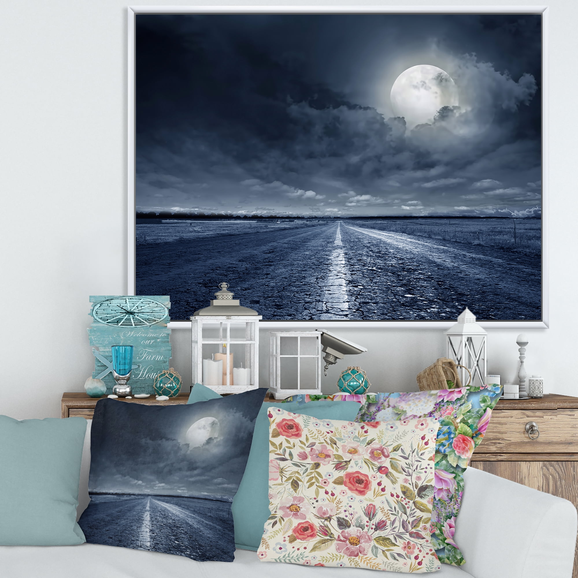 Designart 'Cloudy Full Moon Over Asphalt Road I' Nautical & Coastal Framed Canvas Wall Art Print