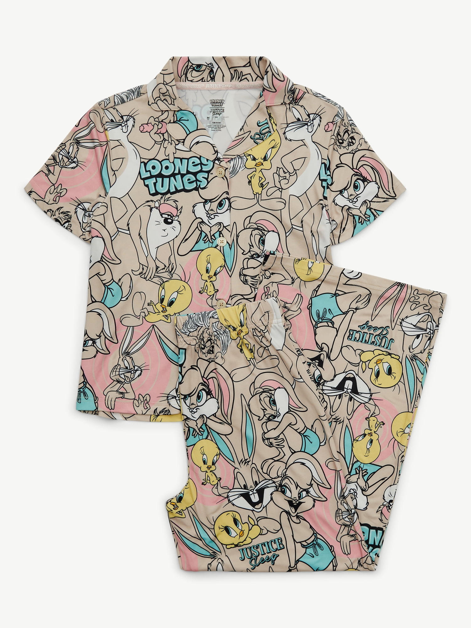 Looney Tunes X Justice Girls Short Sleeve Button Front Sleep Top and Sleep Pants, 2-Piece, Sizes 5-18