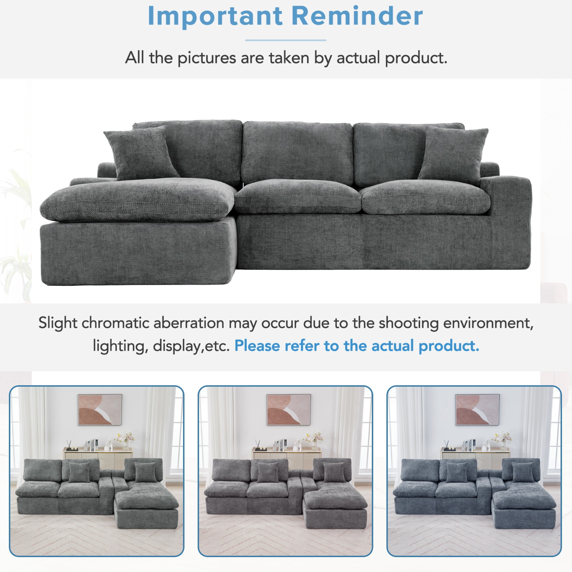 107.9" Upholstered Sectional Sofa,Cloud Sofa Couch with Double-layer Cushion and Side Pockets,Compressed Sofa,Free-combined Sectional Sofa for Living Room,Grey