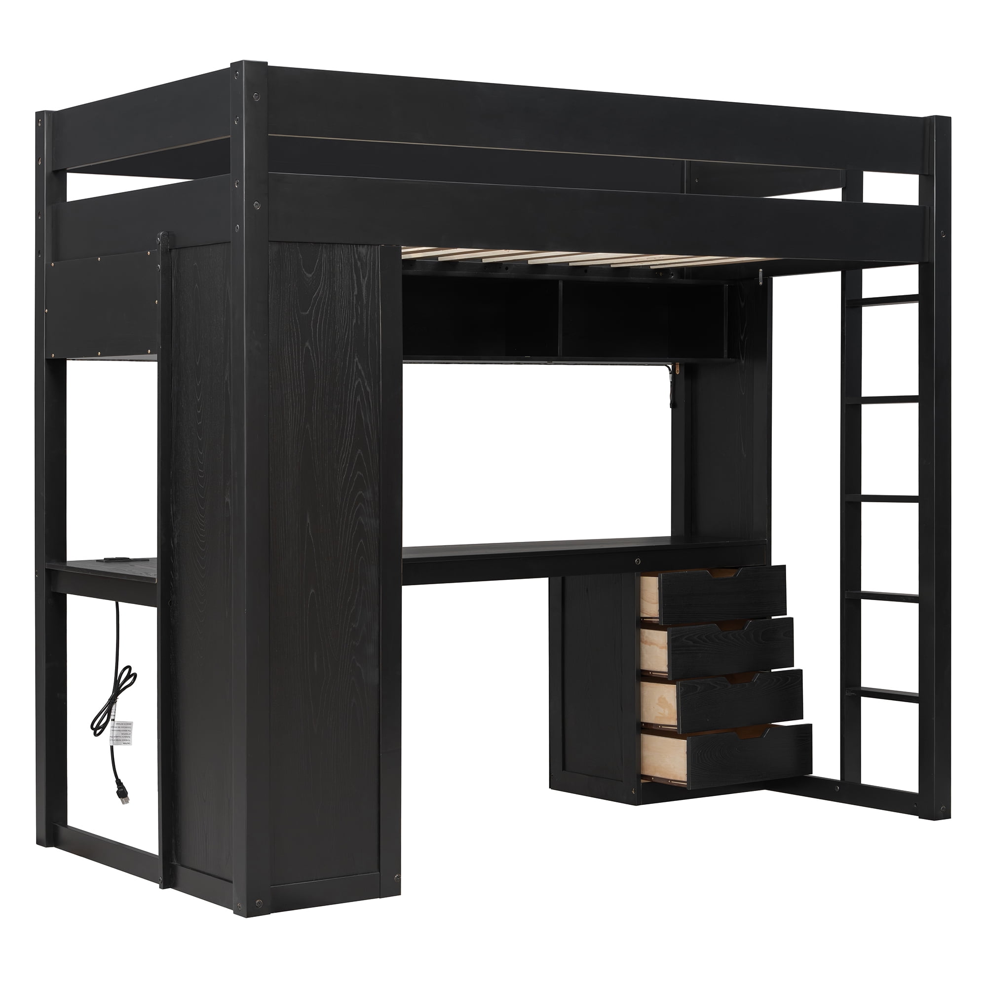 Mintazer Twin Loft Bed with L-Shaped Desk & Smart LED Lights and Charge Station, Modern Loft Bed with 4 Storage Drawers & Shelves, Black