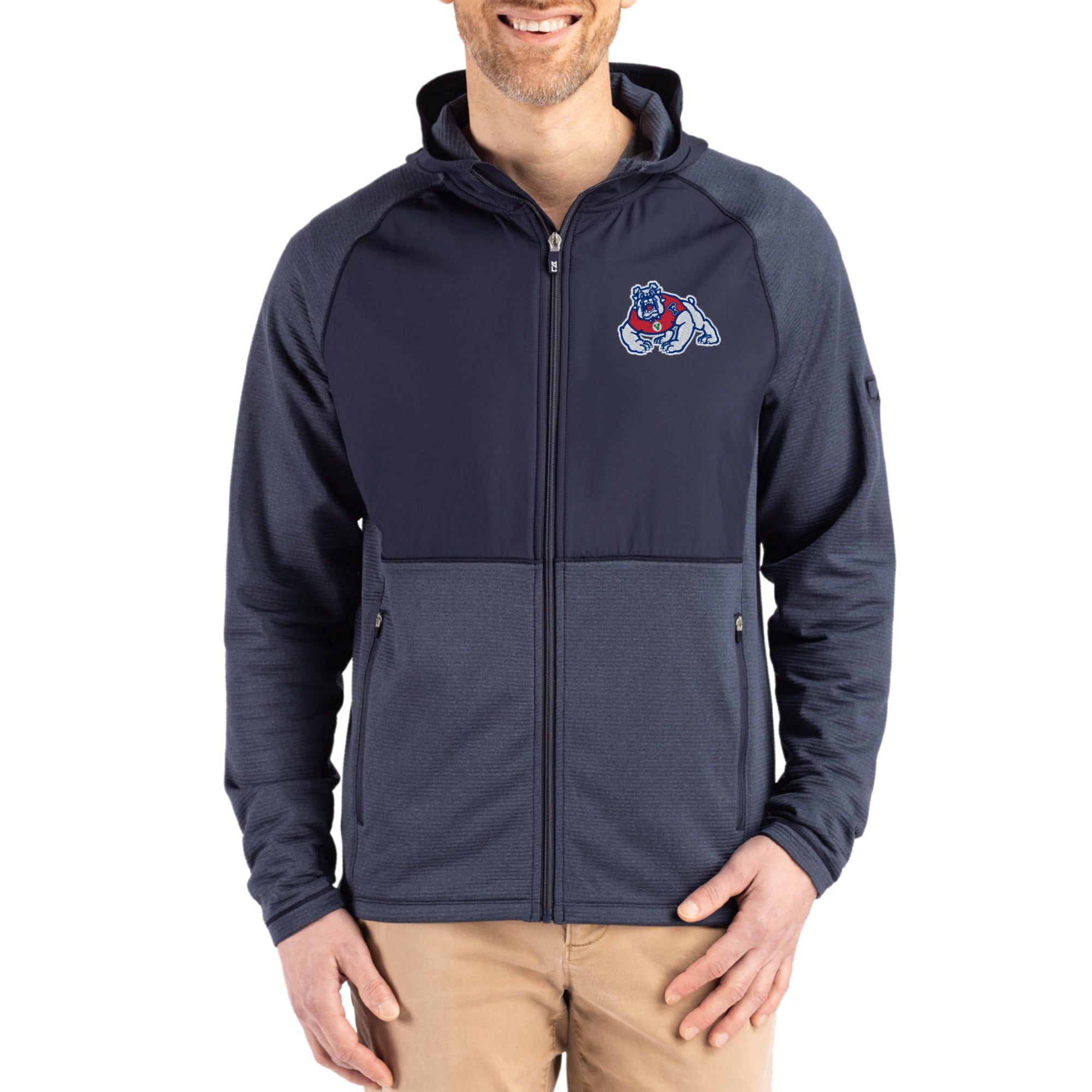 Men's Cutter & Buck Heather Navy Fresno State Bulldogs Peshastin Eco Fleece Recycled Raglan Full-Zip Tri-Blend Hybrid