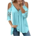 thumbnail image 2 of LEEYNEER Women‘s Cold Shoulder Tops Summer Casual Short Sleeve Lace Loose Shirts Blouses Half Sleeve Neck Zipper Hollow Out Blouse Blue S, 2 of 6