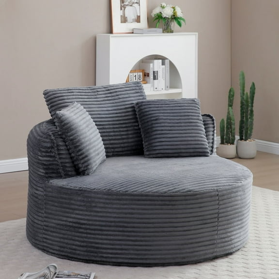 CKEASEAN 53.5" Corduroy Modern Round Chaise Longue Chair Indoor, Comfy Deep Seat Single Lounge Floor Sofa Chair with Pillow, No Assembly Required, Upholstered Cloud Couch for Living Room/Office
