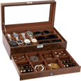 thumbnail image 1 of Organizador de joyas Watch Box TomCare de 2 niveles con candado, color marrón, 1 of 7