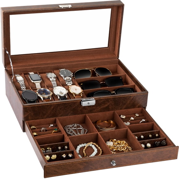 Organizador de joyas Watch Box TomCare de 2 niveles con candado, color marrón