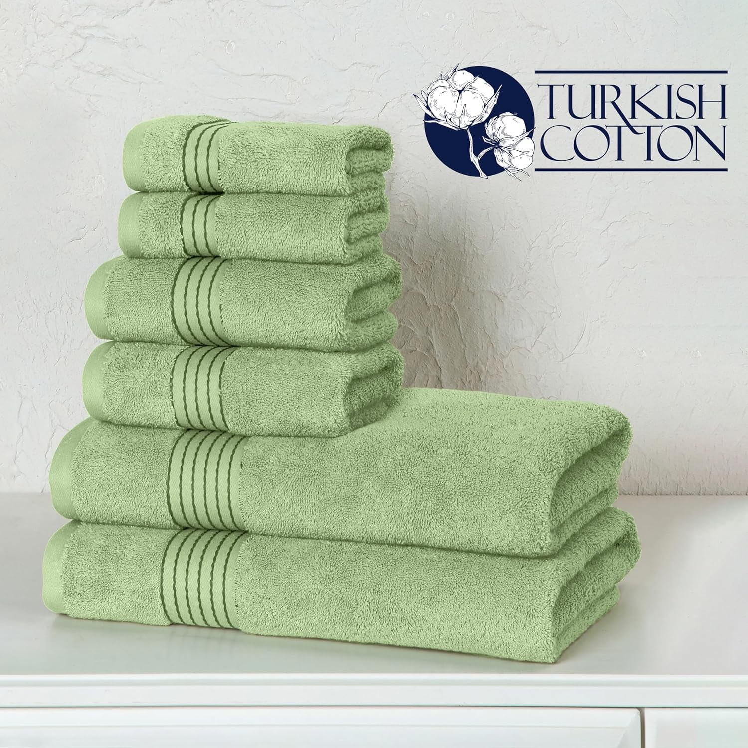 Elegant Comfort 100% Turkish Cotton 6-Piece Towel Set with 2 Bath Towels 2 Hand Towels 2 Washcloths, Sage