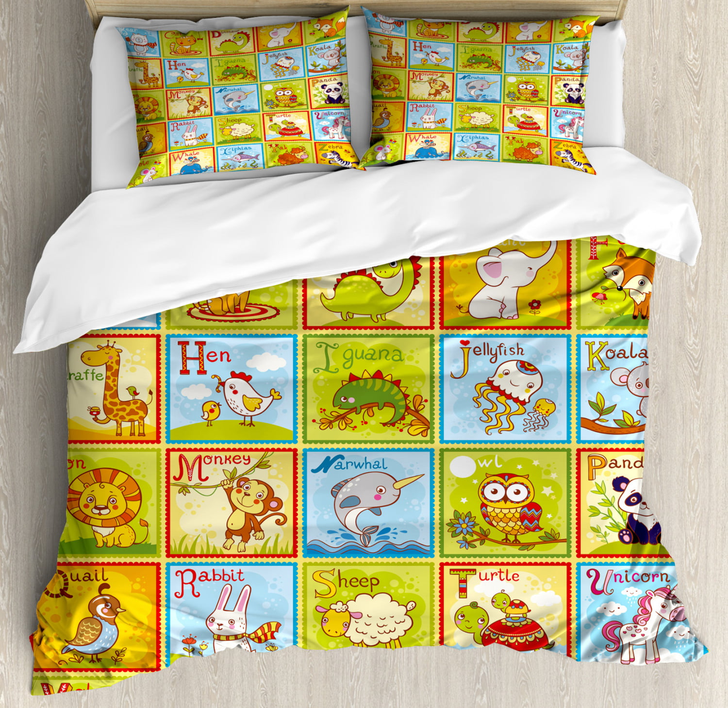 Ambesonne Educational Bedspread Green Yellow Zoo Alphabet Design Colorful Style Funny Cartoon Animals Children Kids School Twin Size Decorative Quilted 2 Piece Coverlet Set with Pillow Sham