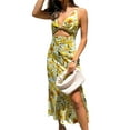 thumbnail image 3 of Qiylii Women Deep V-neck Slit Dress, Yellow Floral Print Backless Hollow Out One-piece Beach Dress, S/ M/ L/ XL, 3 of 9