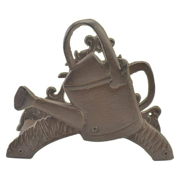 Cast Iron Garden Hose Holder Watering Can Design - 7.625" Tall Rustic Hose Hanger - Distressed Brown Finish - Easy Mount - Outdoor Yard Decor - Durable Metal