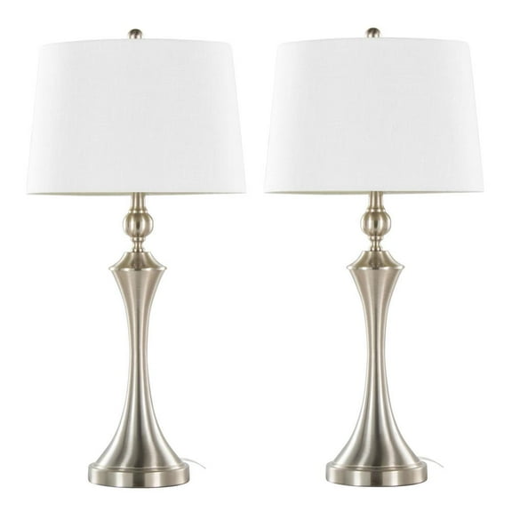 31" Brushed Nickel Table Lamps w/ USB Port in Base and White Linen Shade (Set of 2)