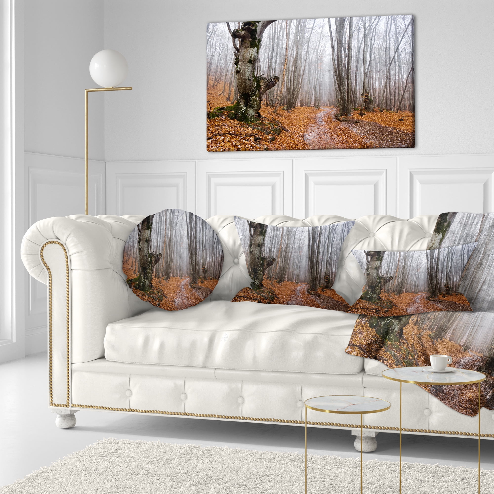 Designart Road Covered by Fallen Leaves - Modern Forest Throw Pillow - 12x20