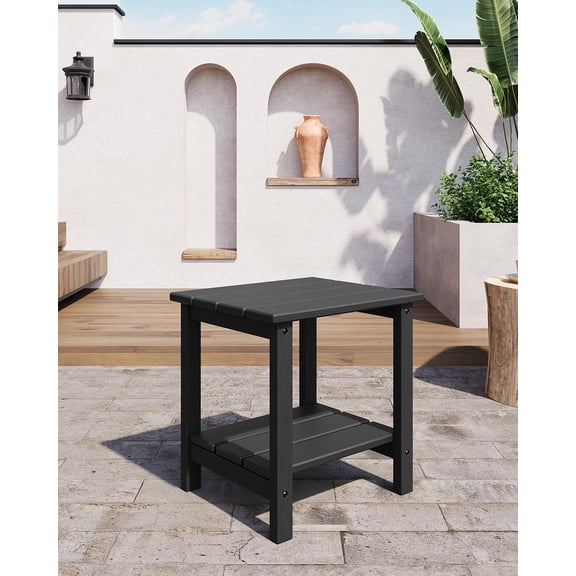 2-Tier HDPE Adirondack Outdoor Side Table – Weather Resistant Patio End Table with Storage Shelf, 18 x 15 in, Garden, Porch, Poolside, Backyard – Embossed Wood Grain-Black 1 Piece