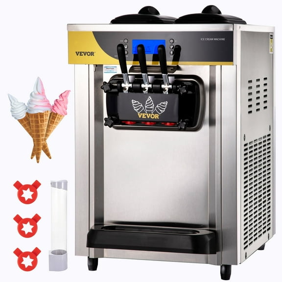 VEVOR Commercial Ice Cream Maker, 22-30L/H Yield,2200W Countertop Soft Serve Machine with 2x6L Hopper 2L Cylinder LCD Panel Puffing Shortage Alarm,Frozen Yogurt Maker for Restaurant Snack Bar, Silver