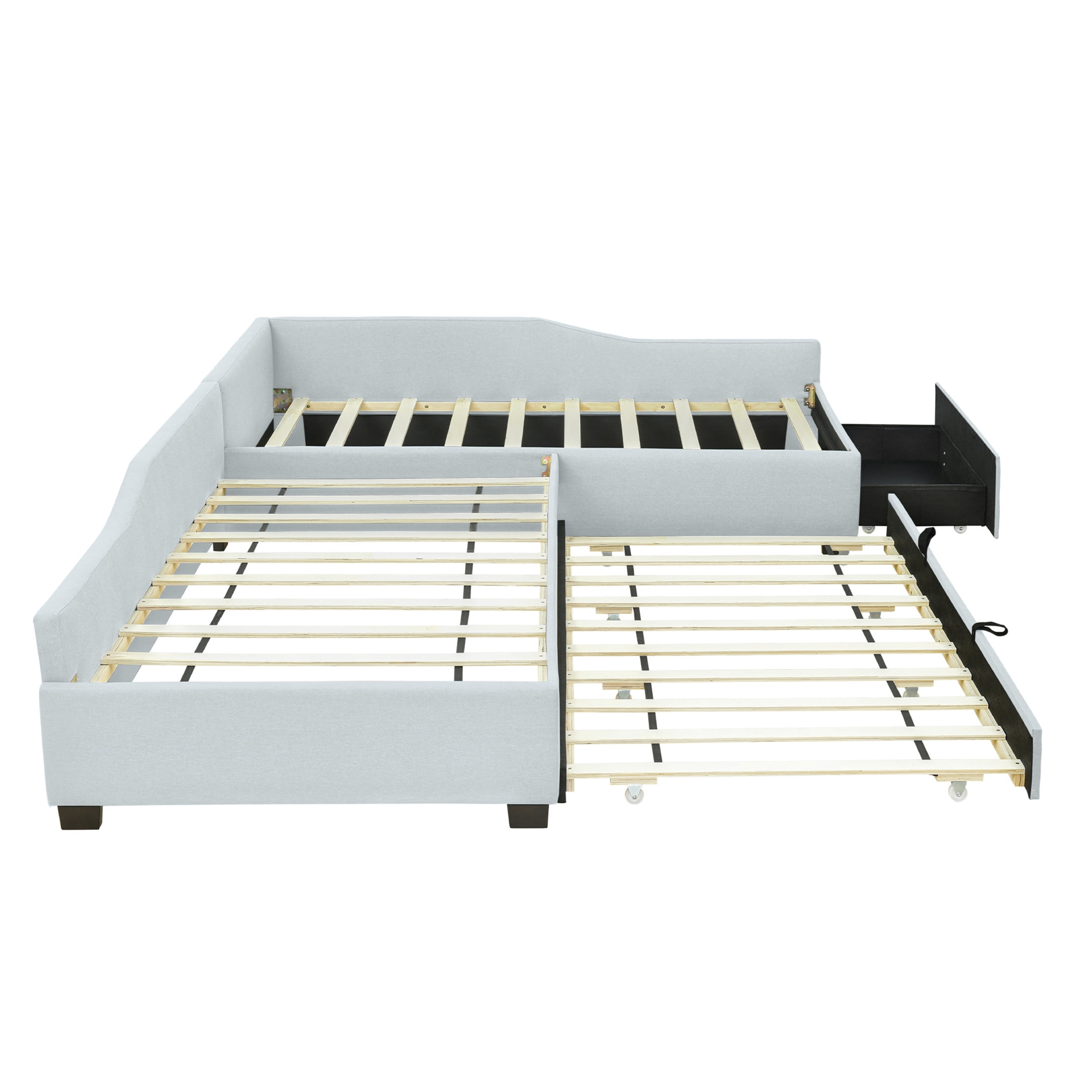 Noble House Orielle Linen Upholstered Double Twin Daybed with Extra Trundle and Storage Drawer, Plywood Frame, Beige
