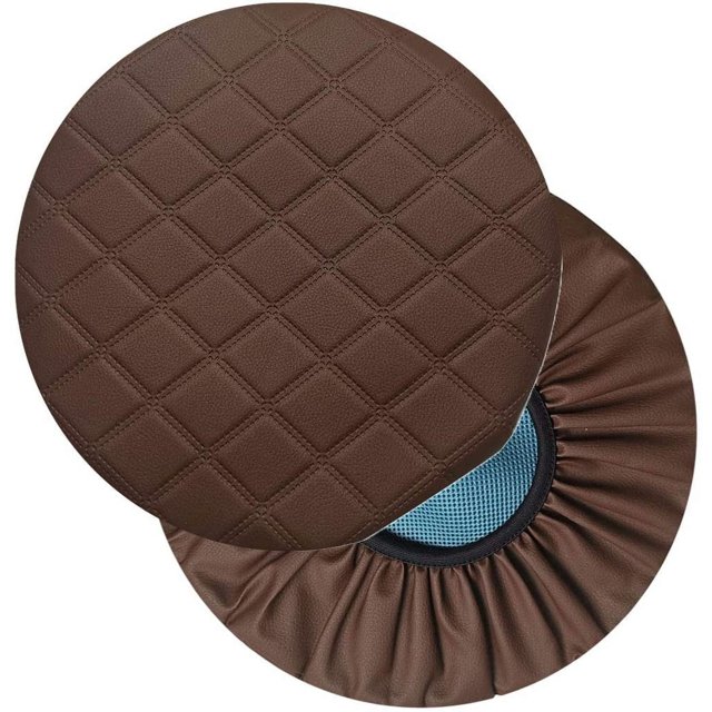 2PC 14in Stool Cover Round Bar Stool Cover Waterproof Faux Leather Stool Slipcover Anti-Slip Round Seat Cover Coffee