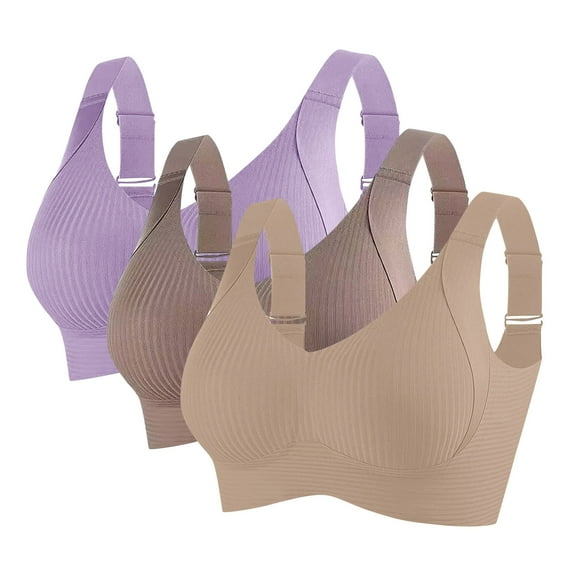 3pc Womens Wireless Bras No Underwire Push up Bra Seamless Ribbed Cozy Full Cover Adjustable Straps Everyday Sports Bra Sports Bra High Support Purple M