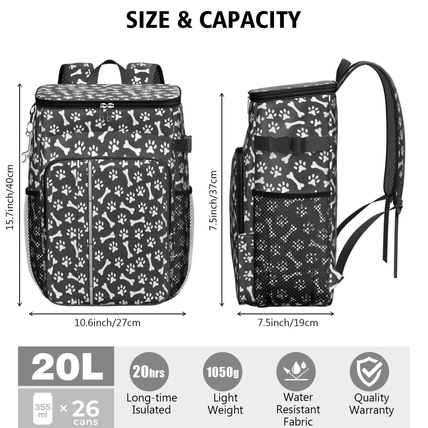 Travel Cooler Bag - Paw Prints and Bones Camping Beer Cooler Backpack with Bottle Opener- Waterproof Insulated Picnic Backpacks - Cooler Bag for Beach
