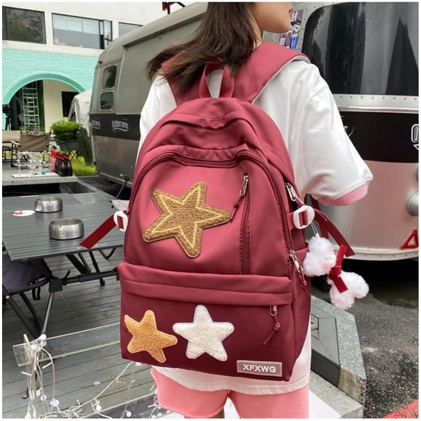 SQDWYGUO Y2k Backpack with Kawaii Pendant Aesthetic Star Backpack Cute Preppy Laptop Book Bag Back to College Supplie,Red