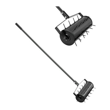 VEVOR Rolling Lawn Aerator, 18-inch Heavy-Duty Manual Rolling Aerator Lawn with Detachable Handle and 27 Iron Spikes, Rolling Lawn Aeration Tool for Garden Patio Yard Compacted Soils and Lawns, Black