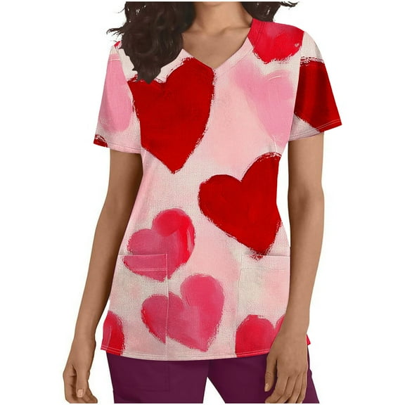 FNFYFH Womens Scrub Tops Valentines Printed Work Uniform V Neck Short Sleeve Nurse Shirt with Pockets